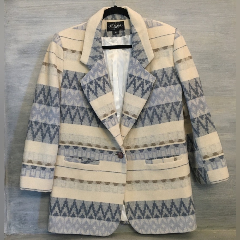 Vintage Wool Satin Lined Blazer Made in Ukraine by Braetan Southwestern Print LN